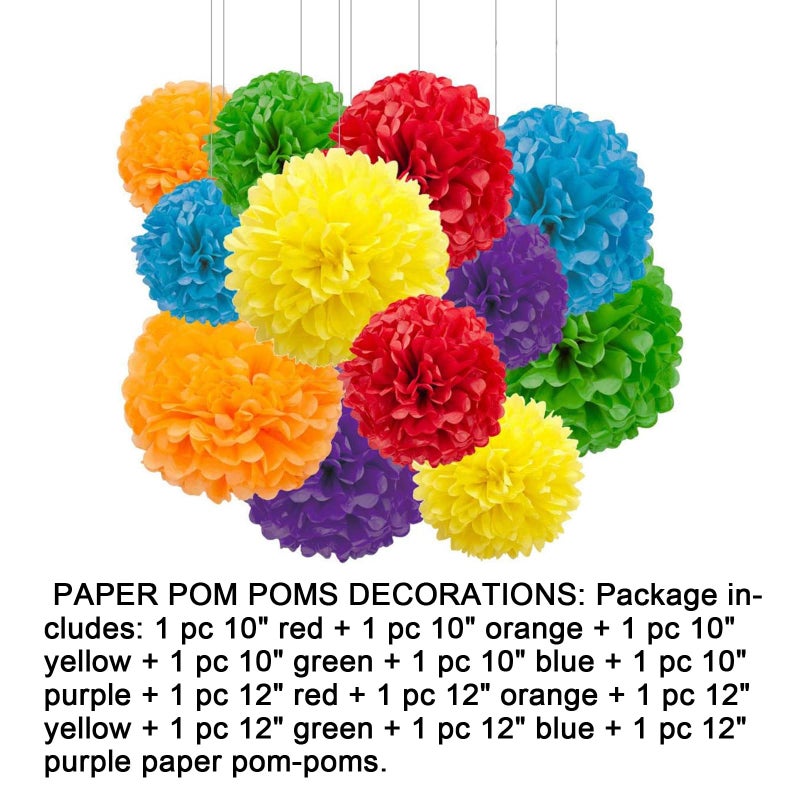 Aimto 12pcs Rainbow Paper Pom Poms Decorations for Party Ceiling Wall Hanging Tissue Flowers Decorations - 6 Colors of 12 Inch, 10 Inch - Image 2